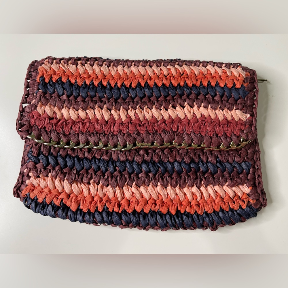 ⭐️H&M Burgundy Blue Peach Orange Red Stripe Straw Woven Chain Hem Clutch Purse